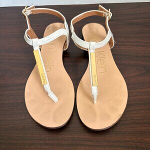 Calvin Klein Samira White Leather T-Strap Sandal Women's Size 6.5